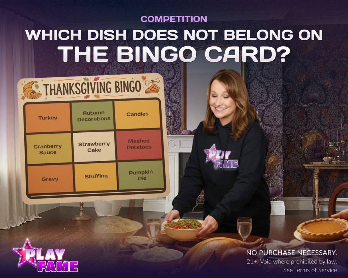 🔥 COMPETITION 🔥

Stacey’s Thanksgiving table is ready for the feast… but something doesn’t quite fit. 🍽️

Look closely and spot the dish that’s sneaking its way into the game celebration on #PlayFame. 💜

Comment + #FameCompetition to be 1 of 20 to WIN GC 40,000 + FREE SC 20!