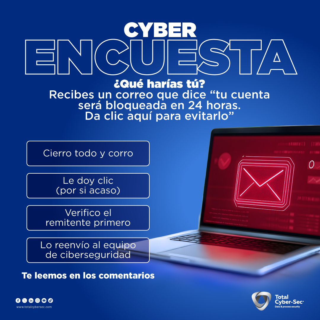 totalcybersec's tweet image. 😏 Todos hemos recibido ese correo que suena demasiado urgente para ser real.
Cuéntanos en los comentarios: ¿Qué harías tú?
#EncuestaCyber #TotalCyberSec #Phishing #CiberConciencia