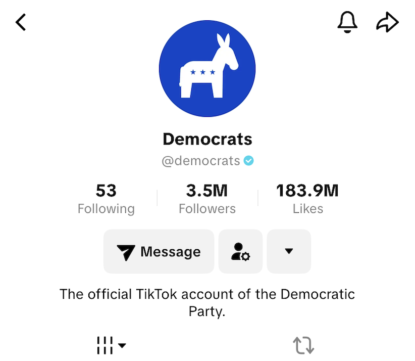 ArlieShugaar's tweet photo. .@TheDemocrats just hit 3.5 million followers on TikTok. 

For context, we hit 3 million followers less than 1 month ago.

@aly_mccormick has been MAJORLY upping our fancam content and @merrickhr has been dedicated to putting out bangers daily. https://t.co/lktVFGyQ6L