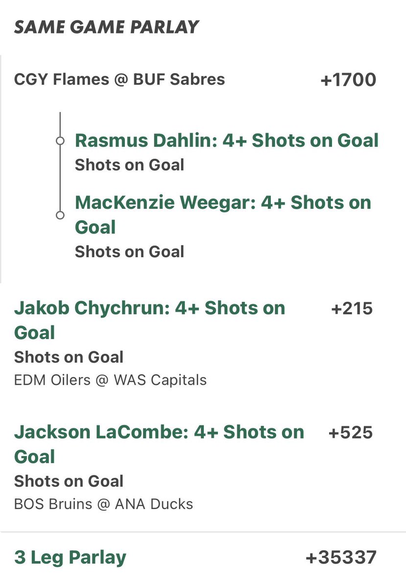 NHL Wednesday D-Man SOG Quad 🏒🚨

Chychrun/Dahlin/Weegar/LaCombe 🪜
2+ SOG +326 0.35u
🔗 account.sportsbook.fanduel.com/sportsbook/add…
3+ SOG +2712 0.1u
🔗 oh.bet365.com/s/r/VX8Tl
4+ SOG +35337 0.05u
🔗 oh.bet365.com/s/r/VX8bs

♦️ Chychrun 2+ SOG in 9/L10 averaging 3.9 SOG/game over that stretch. 2.7