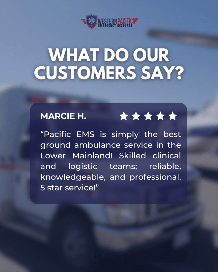 EMSPacific's tweet photo. "The best ground ambulance service in the Lower Mainland!" 🌟 We genuinely care about creating long lasting, enduring relationships, and bringing peace of mind for our customers, so thank you for trusting us!

#PrivateAmbulanceBC #WorksiteSafety #EmergencyMedicalServices https://t.co/YS4I9WF14t