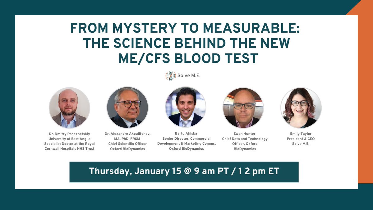 PlzSolveCFS's tweet image. Join our free webinar “From Mystery to Measurable: The Science Behind the New ME/CFS Blood Test.&quot;🧬Learn how a 96% accurate test could transform diagnosis + treatment. 

🗓️ Jan 15, 2026 | 9–10 am PT / 12- 1 pm ET

🔗ow.ly/bCNQ50Xq8Qb

#MEAwarenessHour