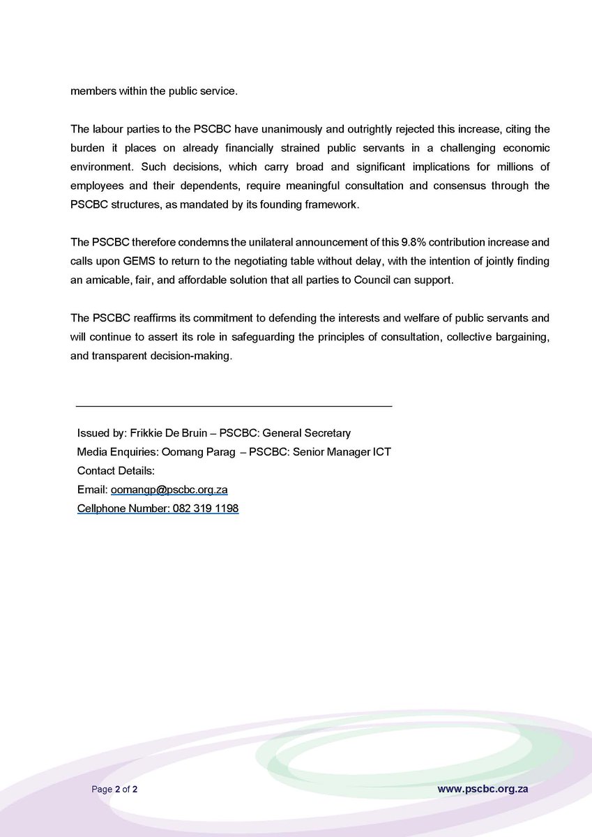 MEDIA STATEMENT:PSCBC Statement on the 9,8% Government Employee Medical Aid Scheme Increase. <a href="/GEMSMEDICALAID/">Government Employees Medical Scheme</a>  <a href="/FEDUSAMedia/">FEDUSA</a>  <a href="/NAPTOSA_TEACH/">NAPTOSA</a>   <a href="/SadtuNational/">SADTU National.</a>  <a href="/NEHAWU/">NEHAWU</a>  @SAPU <a href="/POPCRU1989/">POPCRU</a>  @PSA <a href="/DENOSAORG/">DENOSA</a>  @NATU <a href="/_cosatu/">@COSATU Today</a>