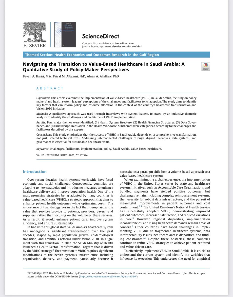 IAU_CPH's tweet image. بحمد الله وتوفيقه تم نشر #بحث_علمي بعنوان:
Navigating the Transition to Value-Based Healthcare in Saudi Arabia: A Qualitative Study of Policy-Maker Perspebctives
لطالبة برنامج #الدكتوراة في العلوم الصحية بيان حريري
و د.فيصل البقمي و د.أفنان الجعفري 
متمنين لهم التوفيق والنجاح ✨