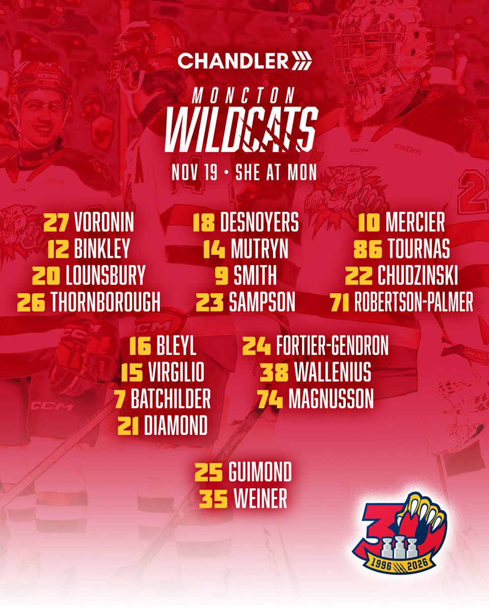 monctonwildcats's tweet image. Tonight&apos;s lineup, presented by Chandler.
Puck drops at 7pm.

🎟️ ticketmaster.ca/moncton-wildca…

La composition de ce soir.
Le match commence à 19 h.