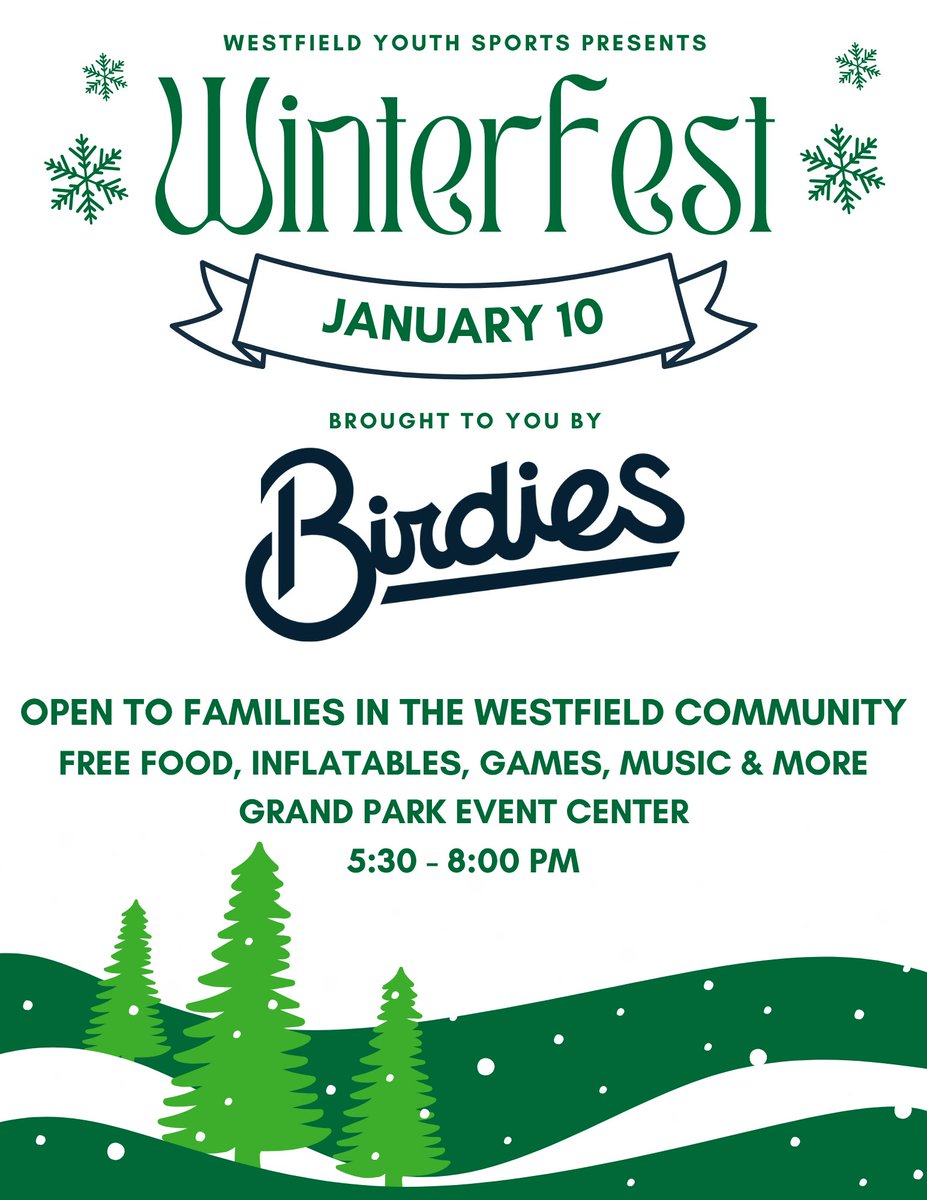Save the Date!!! 

The first-ever Westfield Youth Sports Winterfest Community Event will be held at Grand Park this year on January 10. Thank you to Birdies for helping us make this possible.

🔗birdiesindy.com