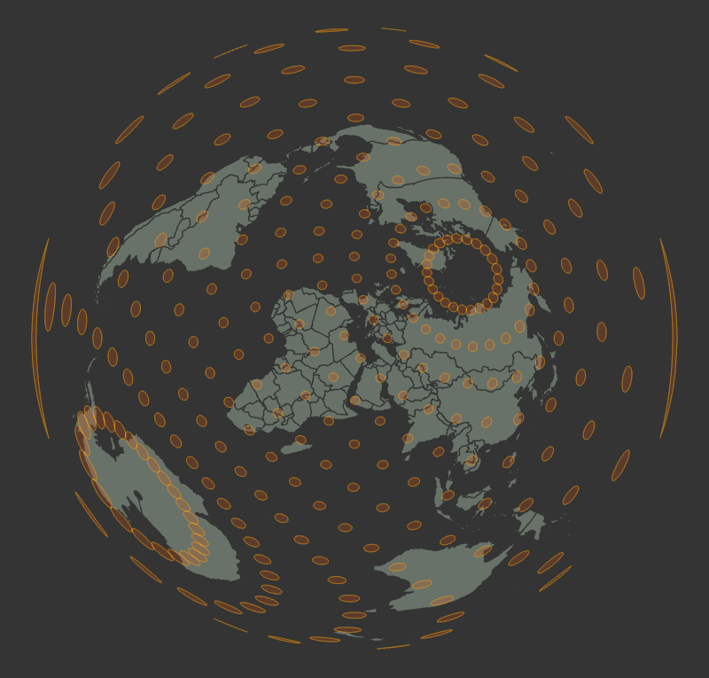 Aka_Akay's tweet image. #30DayMapChallenge - Day 19  - Projections

My favourite! I love messing around with projections. Love to see the chaos that ensues. Showcasing the &apos;Two Point Equidistant (sphere)&apos; projection today. The circles represent distortions in the sizes. Gives a new perspective!