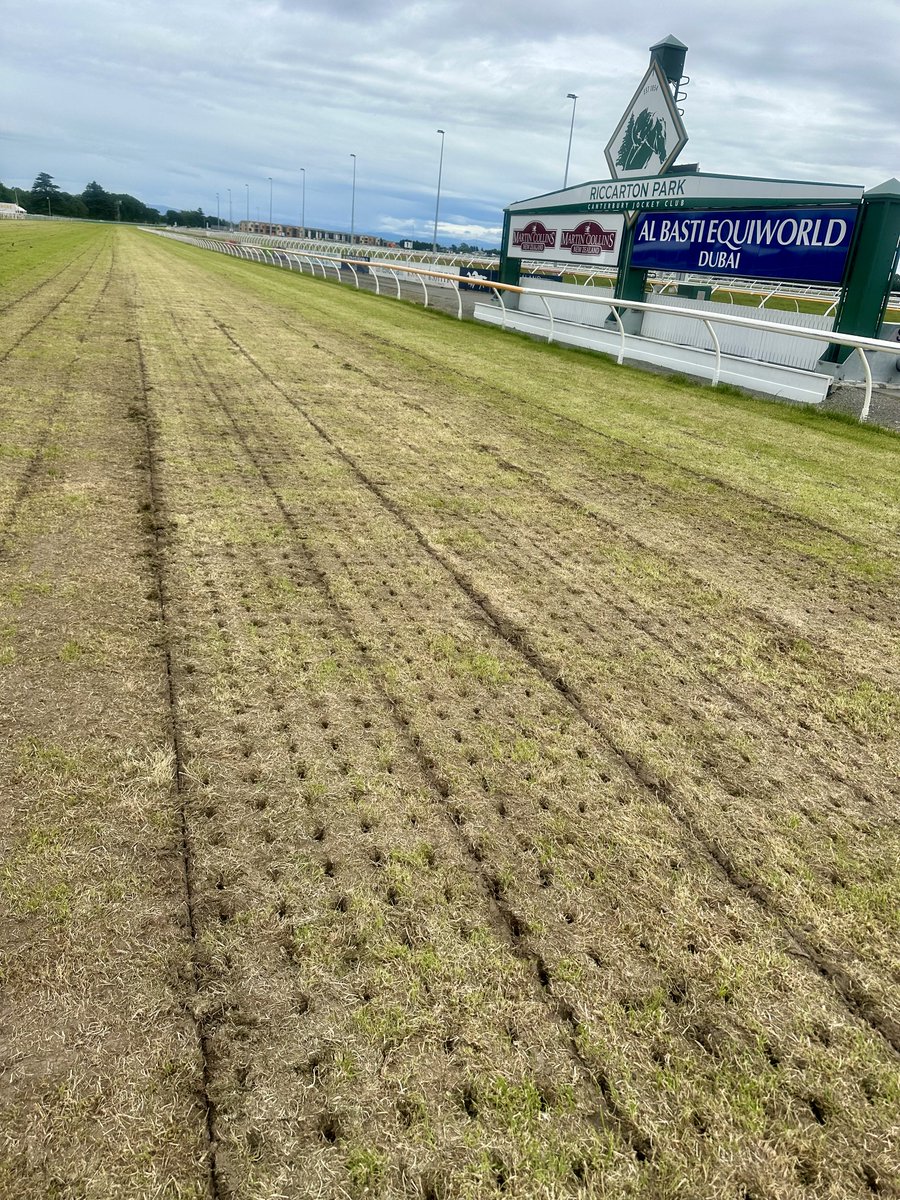 Riccarton Park renovation in full swing. Scalp mowing, scarifying, subsoiling &amp; verti drain to date. Coring, under sowing, fertiliser and growing to come. Resume racing mid-January.