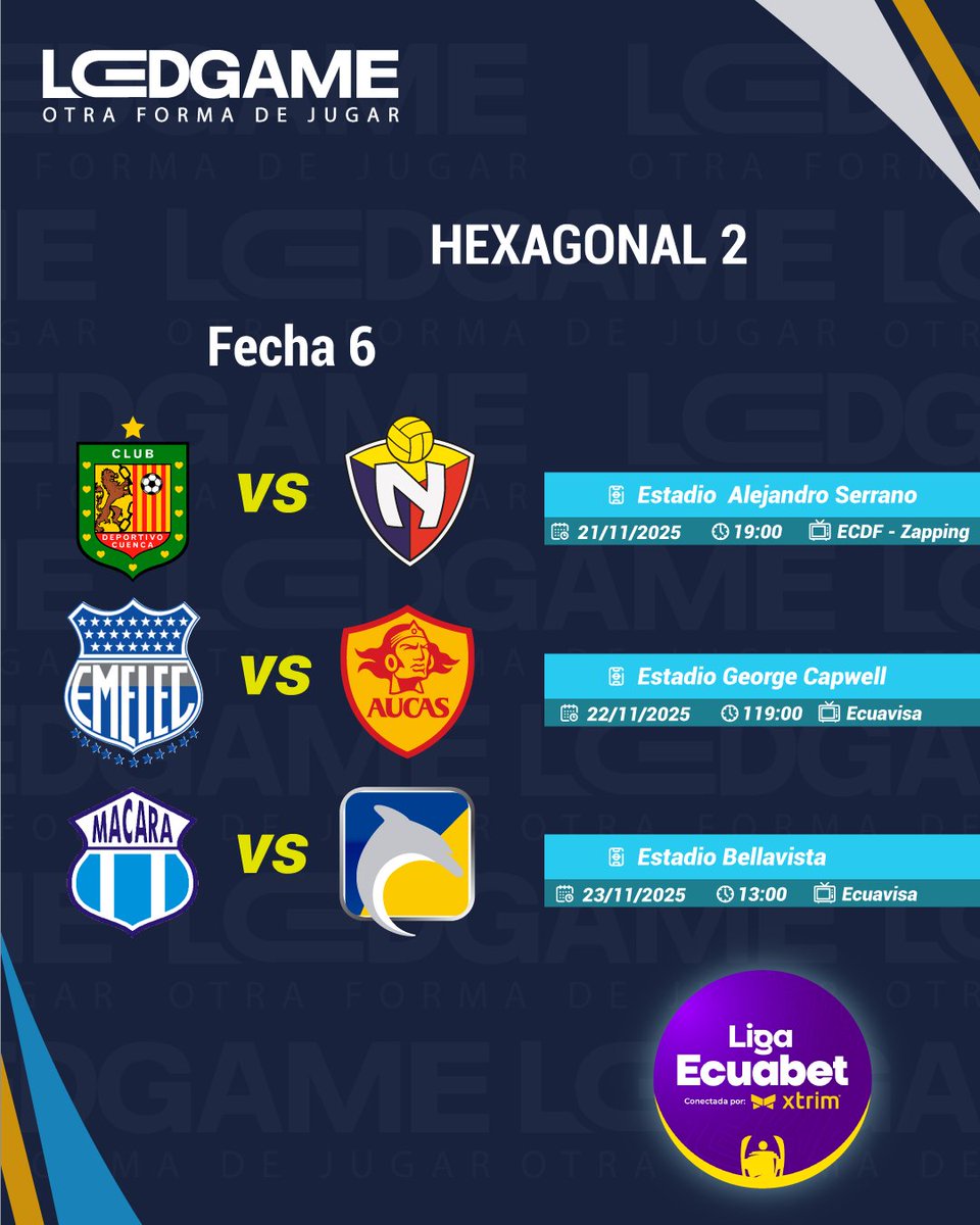 LedGameOficial's tweet image. Se viene la #Fecha⚽️6 de la #FaseFinal💪 en la @ligaproec 🏆 que inicia el viernes 21/11 hasta el domingo 23/11 y tambien tenemos partidos que podremos ver por la #SeñalAbierta de @teleamazonasec y @ecuavisatv 📺#LigaPro2025 #LigaEcuabet🇪🇨