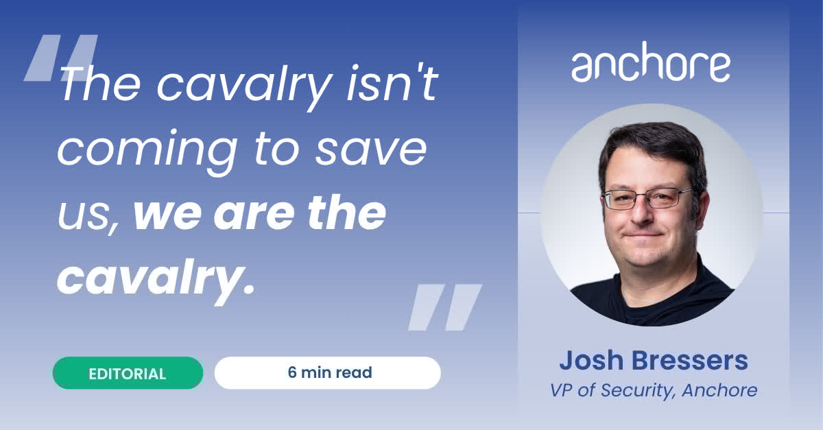 anchore's tweet image. The cavalry isn&apos;t coming to save us, we are the cavalry.&quot;

A powerful call to action from @josh.bressers.name on the new OWASP #3.

Stop waiting for a tool to solve supply chain security. We have to fix this. Read his plan: anchore.com/blog/supply-ch…

#OWASPTop10