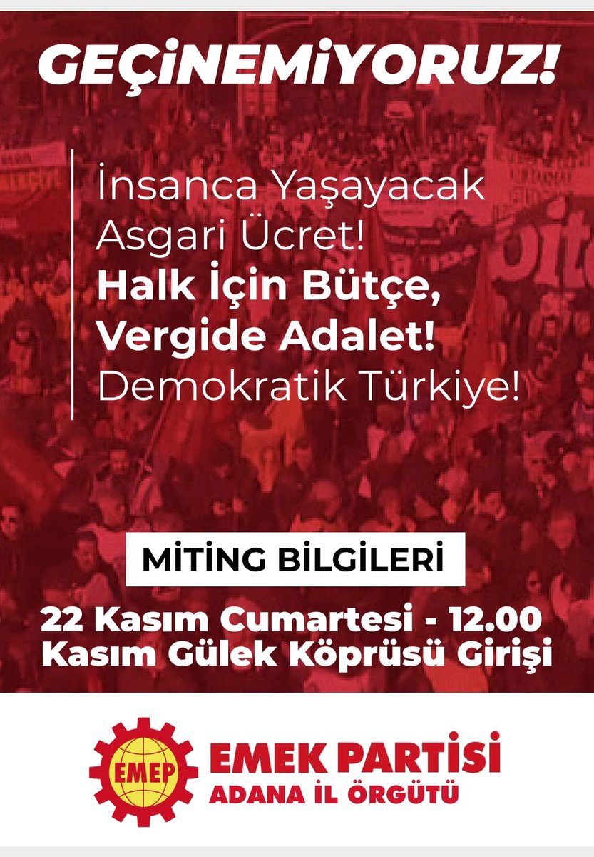 İnsanca yaşayacak bir asgari ücret, halk için bütçe ve vergide adalet için sokaklardayız!
Bugün işçi duraklarında, pazarlarda, parklarda emekçilere seslendik; afişlerimizi astık.

22 Kasım Cumartesi günü güçlü bir ses çıkarıyoruz.
Buluşma: 12.00 – Kasım Gülek Köprüsü