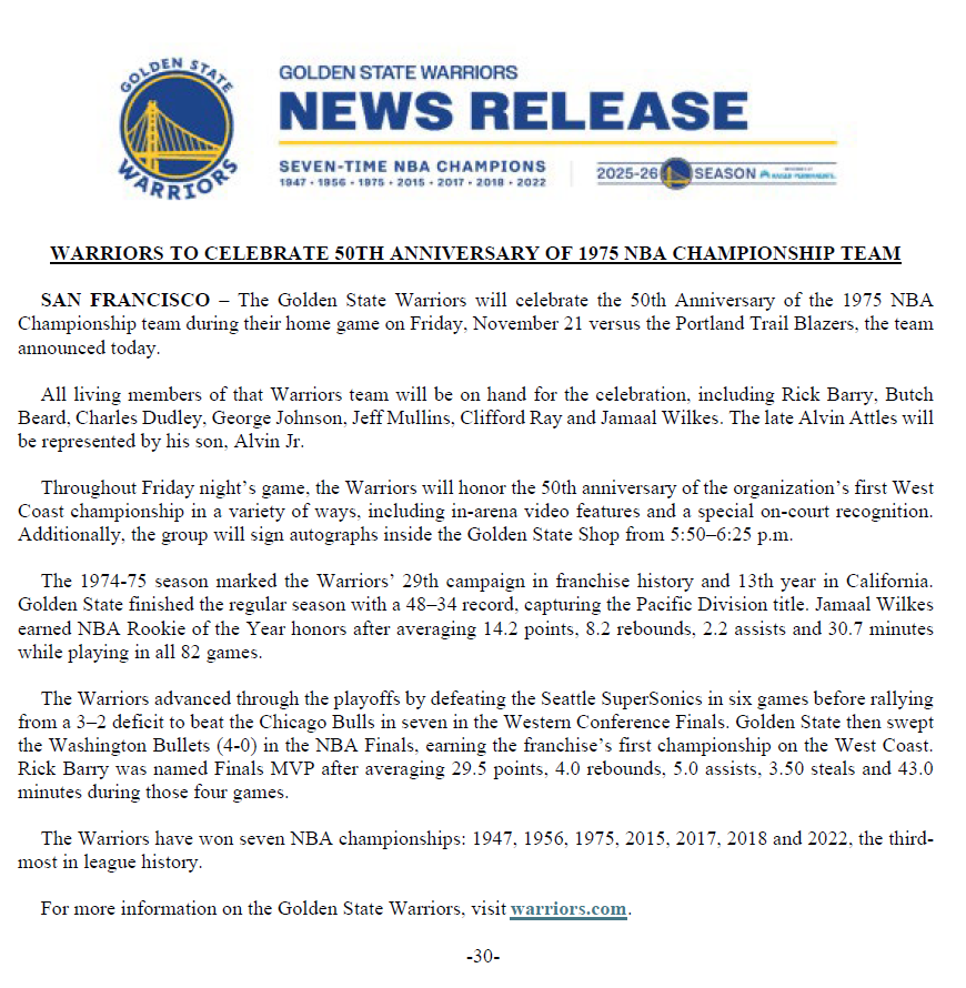 Warriors to celebrate 50th anniversary of 1975 Championship team: