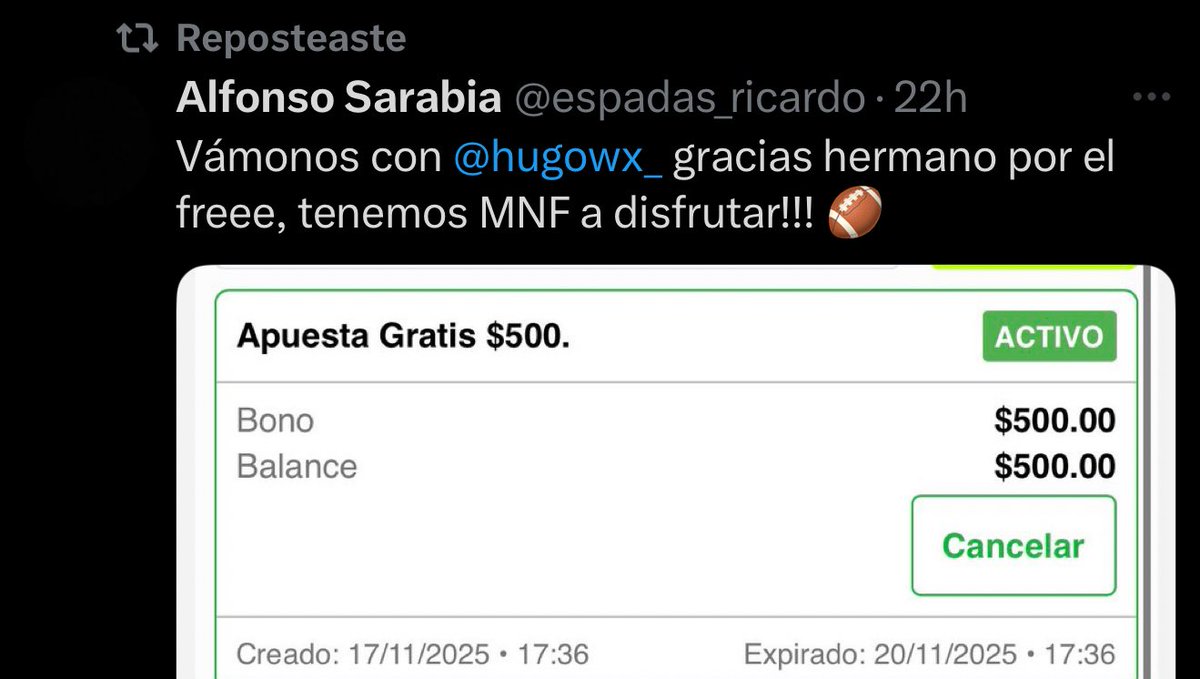 hugowx_'s tweet image. ¿Quien falta que le de una apuesta gratis de $500? Comenten y den ❤️🔄 ya regalaré más de 30 la pruebas esta mis RTs yo siempre cumplo!

Estás FreeBets de $500 son lo mejor, lo metes a una jugada y la ganancia es tuya!

Hoy cocinaré algo con que los haré ganar. Atención 🔔😈