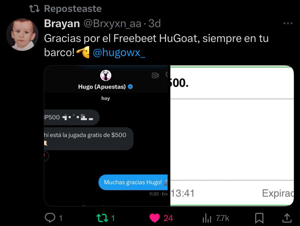 hugowx_'s tweet image. ¿Quien falta que le de una apuesta gratis de $500? Comenten y den ❤️🔄 ya regalaré más de 30 la pruebas esta mis RTs yo siempre cumplo!

Estás FreeBets de $500 son lo mejor, lo metes a una jugada y la ganancia es tuya!

Hoy cocinaré algo con que los haré ganar. Atención 🔔😈