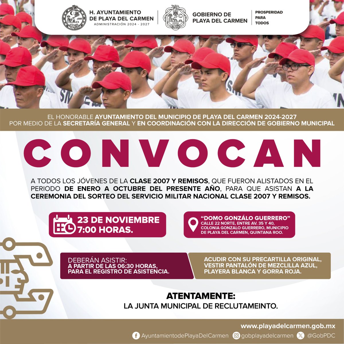 RevistaEliteqr's tweet photo. El Ayuntamiento de Playa del Carmen convoca a los jóvenes de la clase 2007 y remisos, alistados de enero a octubre, a participar en la ceremonia del Sorteo del Servicio Militar Nacional.🇲🇽✨
#PlayaDelCarmen #ServicioMilitar #Clase2007 #JuventudMX
@GobPDC https://t.co/iktgX8MdDB