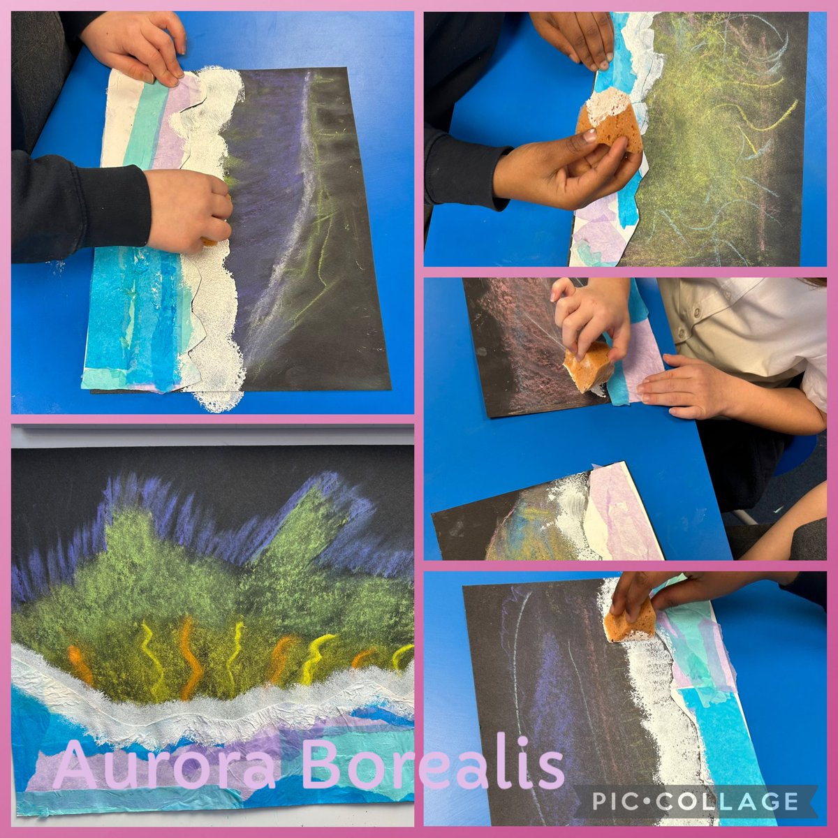belindajohn71's tweet photo. Linking to Year 2’s explorers topic we had fun creating mixed media compositions of Aurora Borealis in the Artic using tissue paper collage, soft pastels and paint very proud of their results @STOC_CAT @stjfisher #weareallartists #softpasteltechniques #collaging https://t.co/Fsclgxg3AY