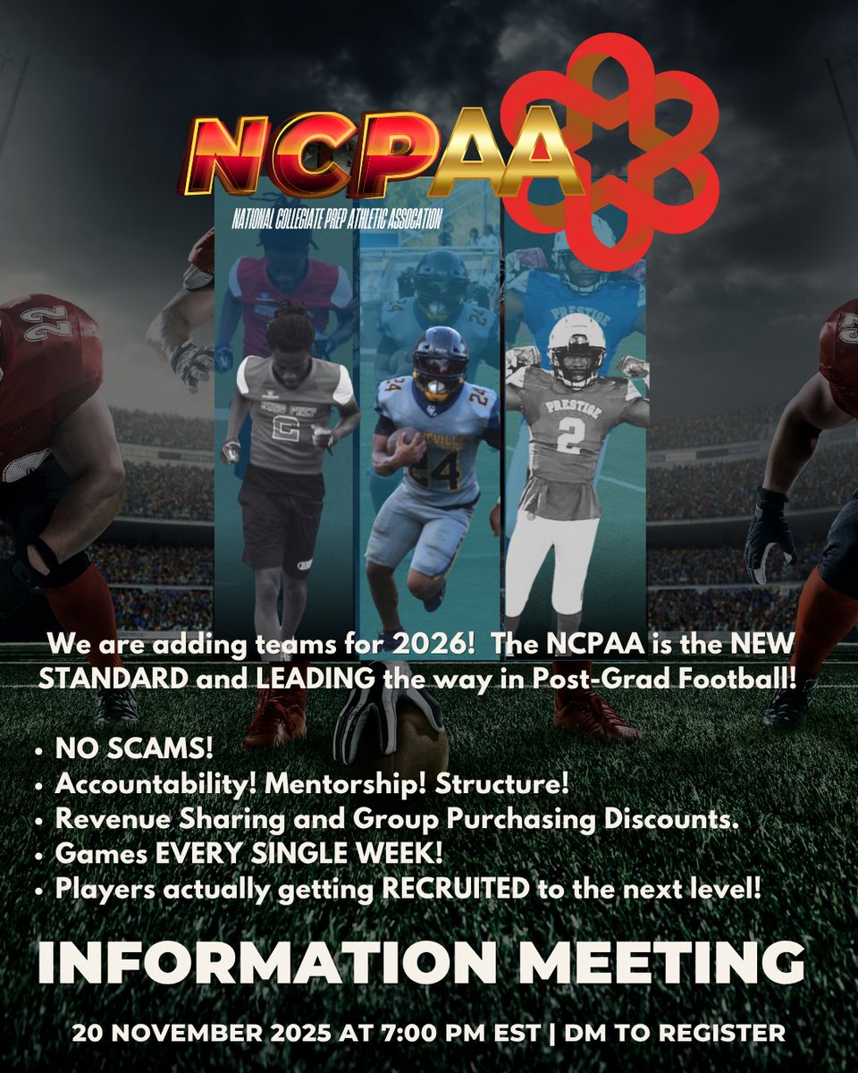 NCPAA_Football's tweet image. 🚨 ATTENTION POST-GRAD PROGRAMS! 🚨

The NCPAA is officially opening membership for 2026, and this is your chance to join the ONLY association that is truly changing the game. 

We aren’t just talking about a new standard, we ARE the standard.

Every athlete enrolled in college.…