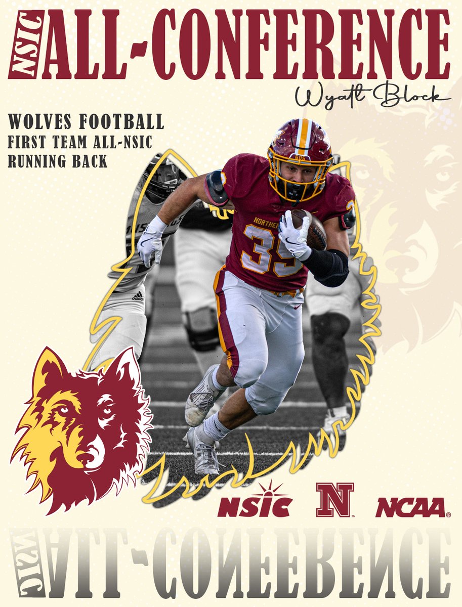 WolvesAthletics's tweet image. 🚨 ALL-CONFERENCE WOLVES 🚨

His first time on the NSIC All-Conference team and Wyatt Block earns his way on to the first team!!

☑️ 1,271 rushing yards
☑️ 2nd in the NSIC in rushing yds/game

#GoWolves🐺 | #maroonNgold🐾

FULL DETAILS ⬇️
nsuwolves.com/news/2025/11/1…