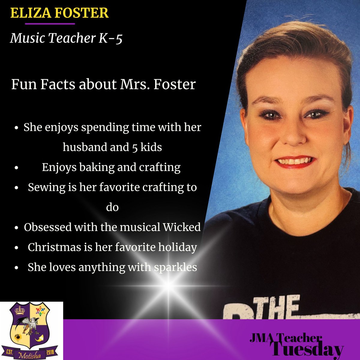 #JMATeacherTuesday would like to welcome Mrs. Eliza Foster to the JMA family.  She is our new Music K-5 teacher. This is her 12th year teaching, and we are happy she has joined us 🎶🎹.  #welcometoJMA #TeamMackey