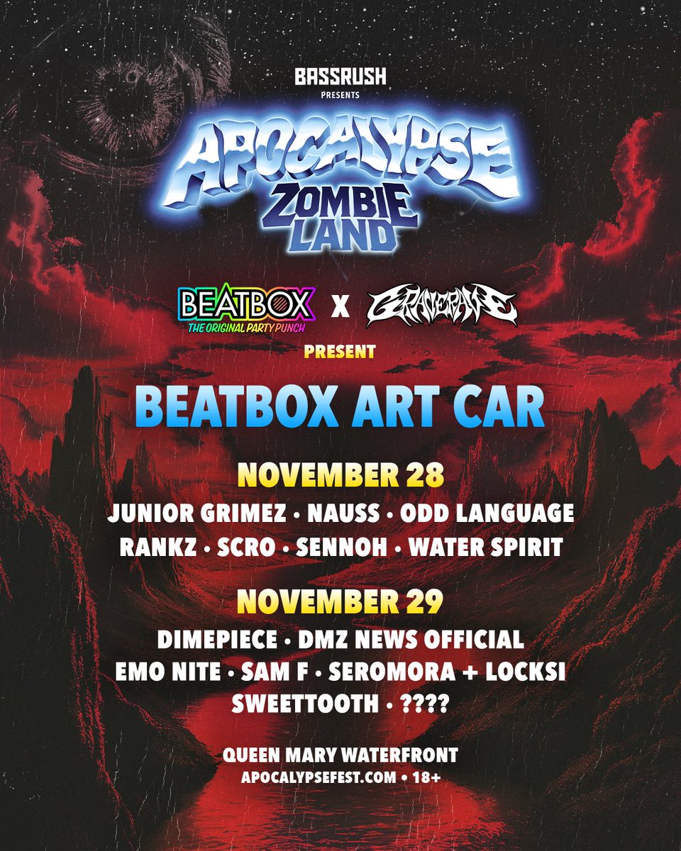 emonitela's tweet image. grave rave + @BeatboxBevs are teaming up at @apocalypsefest to bring the official beatbox art car back from the grave! 🪦 get ready 4 a takeover where the best of emo + edm collide. see u there if u dare 😈 apocalypsefest.com