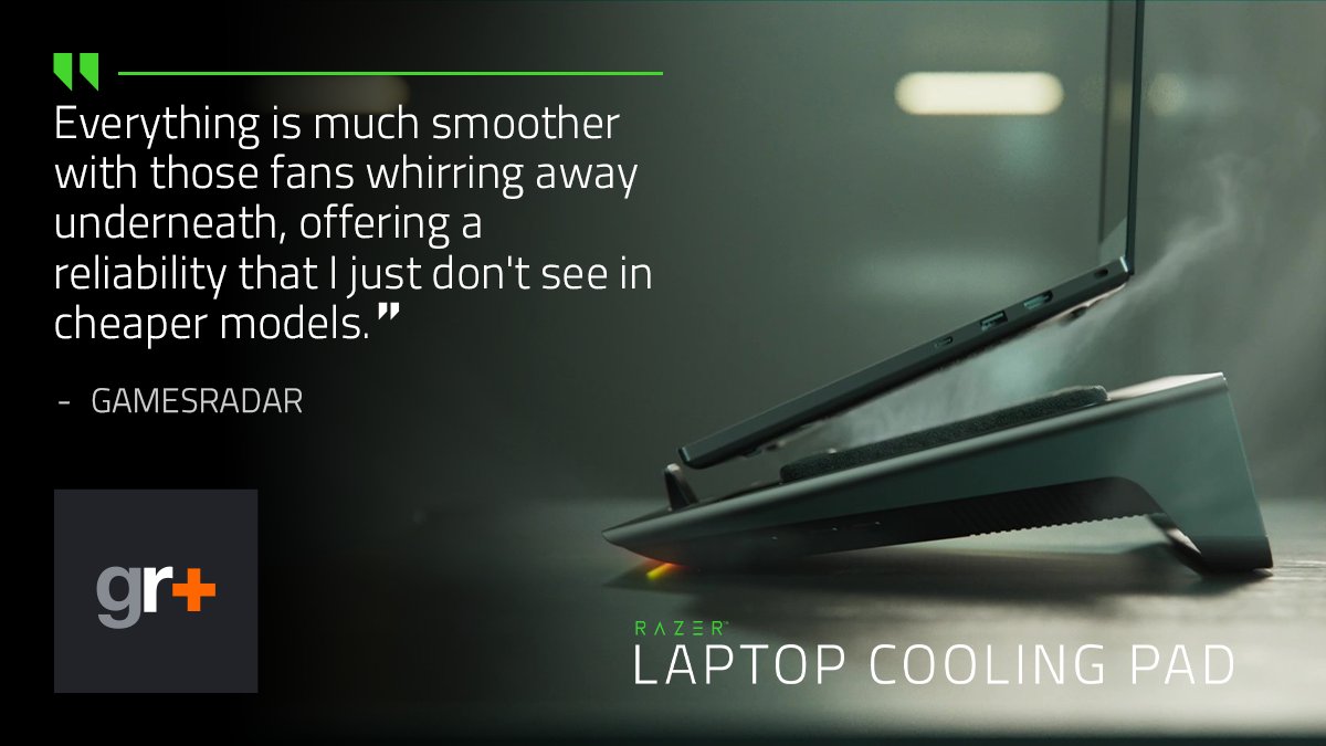 Razer's tweet image. Power through long edits, marathon matches, and everything in between with the Razer Laptop Cooling Pad: rzr.to/cooling-pad
 
With optimized airflow and a lightweight, plug-and-play design, the Laptop Cooling Pad keeps temps down and performance steady.