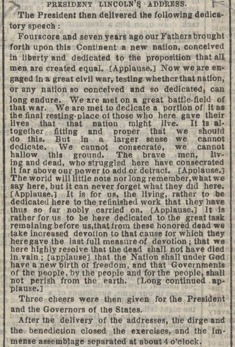 historycalendar's tweet image. The New York Times article from November 20, 1863, indicates Lincoln&apos;s Gettysburg Address speech was interrupted five times by applause and was followed by &quot;long continued applause.&quot;