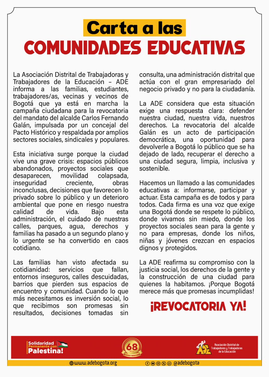 adebogota's tweet image. 📣 𝐂𝐚𝐫𝐭𝐚 𝐚 𝐥𝐚𝐬 𝐜𝐨𝐦𝐮𝐧𝐢𝐝𝐚𝐝𝐞𝐬 𝐞𝐝𝐮𝐜𝐚𝐭𝐢𝐯𝐚𝐬

La ADE alerta sobre la grave crisis que vive Bogotá y respalda la revocatoria del alcalde Galán, ante el abandono de lo público, el deterioro de los proyectos sociales y la inseguridad que afecta a nuestras…