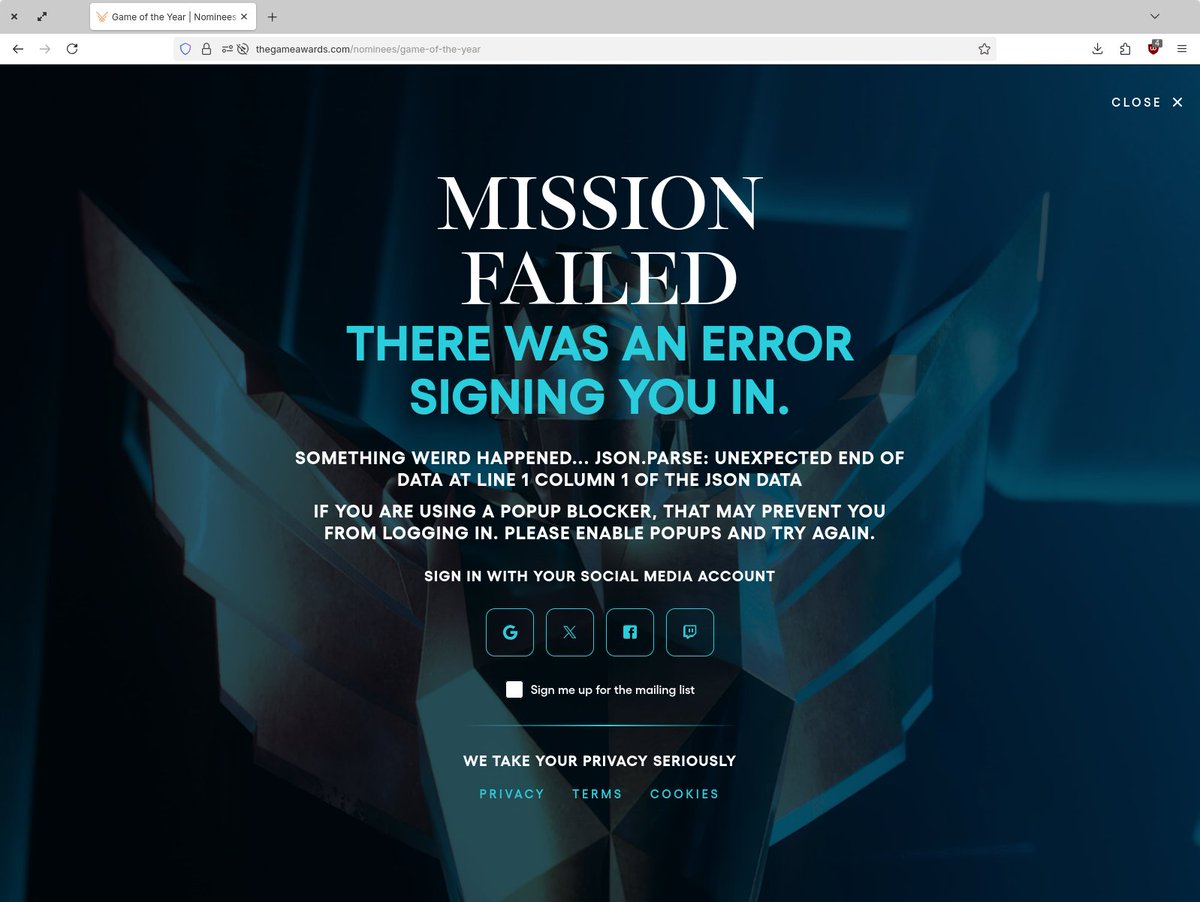 davidak's tweet photo. @geoffkeighley Do you mean this error? I always get it when i try to login with Twitch, but login with X works. But i don't want to use or depend on this fascist platform. It's a shame that you use it instead of the Fediverse. Please support login via E-Mail and Steam! https://t.co/uyrMUFs2pP