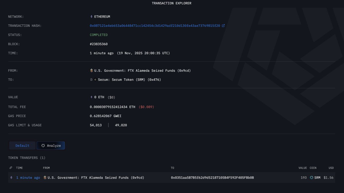 arkham's tweet image. BREAKING: THE US GOVERNMENT JUST MOVED $1

The US Government just moved $1.56 of SRM to a new wallet.

They have made 3 separate crypto-asset movements today.