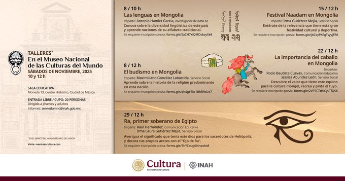MuseoCulturas's tweet image. Ven al #taller &quot;La importancia del caballo en Mongolia&quot;. Descubre el valor de este equino. Imparte: Rocío Bautista y Jessica Abundez, Área Educativa.

🗓️#Sábado 22 de noviembre
📌Sala Educativa del #MNCM
🏛️Moneda 13, Centro Histórico, #CDMX
📝n9.cl/4899d
⏰12 h
🪑20