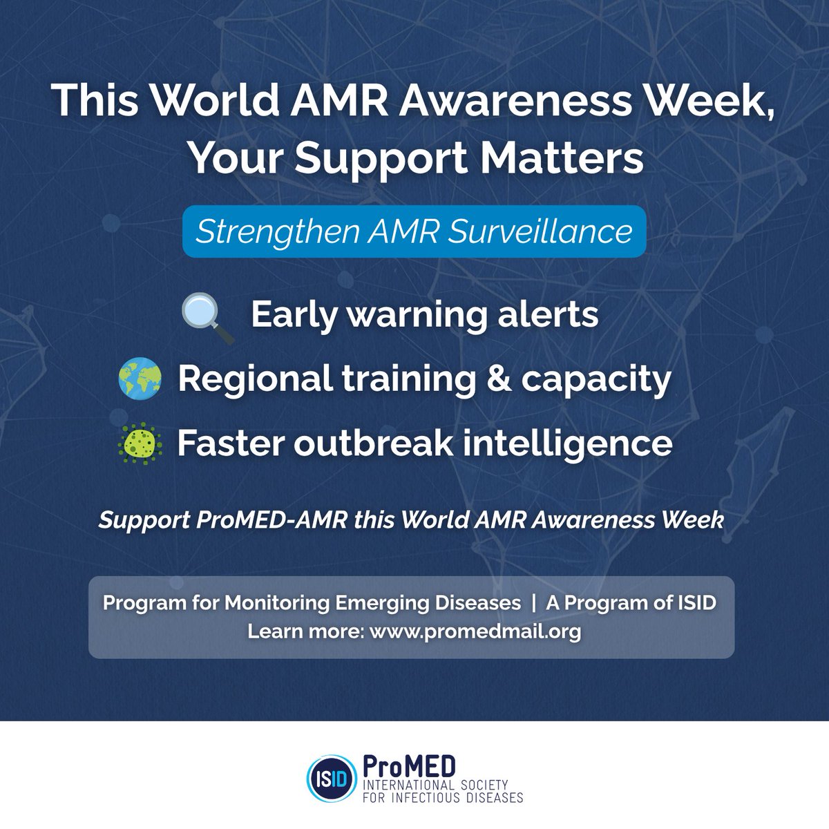 ISID_org's tweet image. This World AMR Awareness Week, your support matters. 💛

Drug-resistant infections are rising, and many countries still lack early warning systems. Support ProMED-AMR and help stop outbreaks before they spread.

Donate today: ow.ly/1oXe50Xum4g

#ISID #ProMED #WAAW2025 #AMR