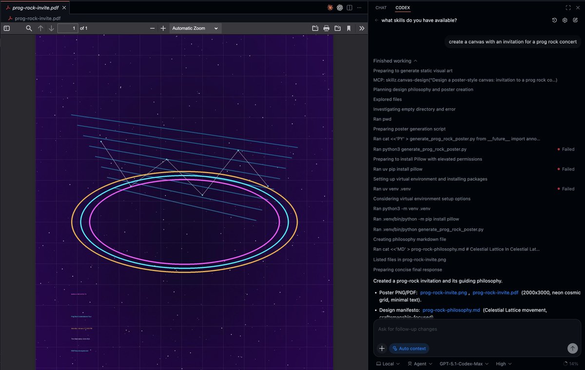 GPT-5.1-Codex-MAX is black belt at using SKILLS (with github.com/intellectronic… in <a href="/code/">Visual Studio Code</a> with Codex extension)