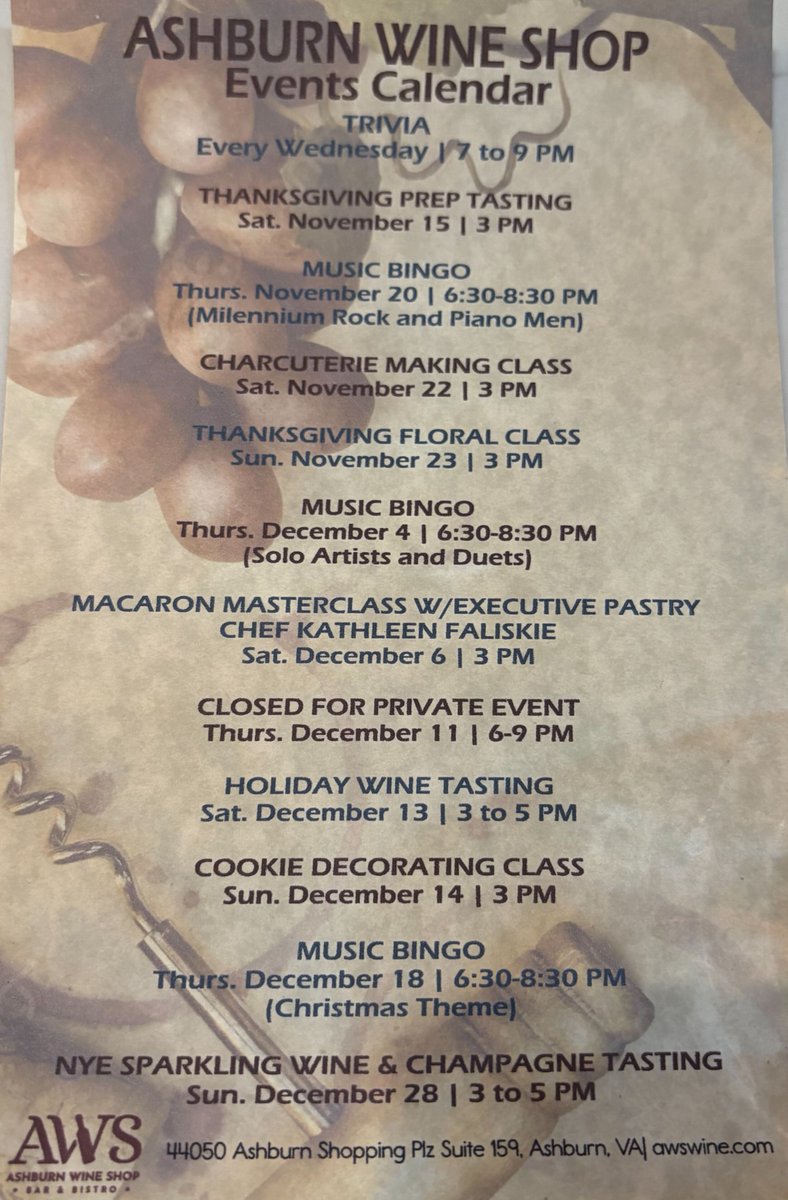 AshburnWineShop's tweet photo. UPCOMING EVENTS AT AWS https://t.co/SeAgnPo1TQ