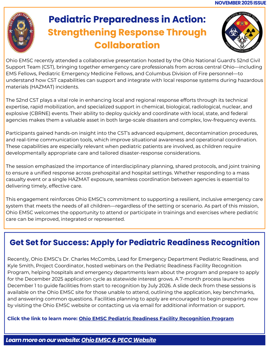 OhioEMSC's tweet photo. The newest issue of the Ohio EMSC Newsletter is live!
Check out the latest updates and resources designed to support EMS and ED teams across Ohio. Visit our website for additional resources and share with your network to help spread the word! https://t.co/EukyExZFAB