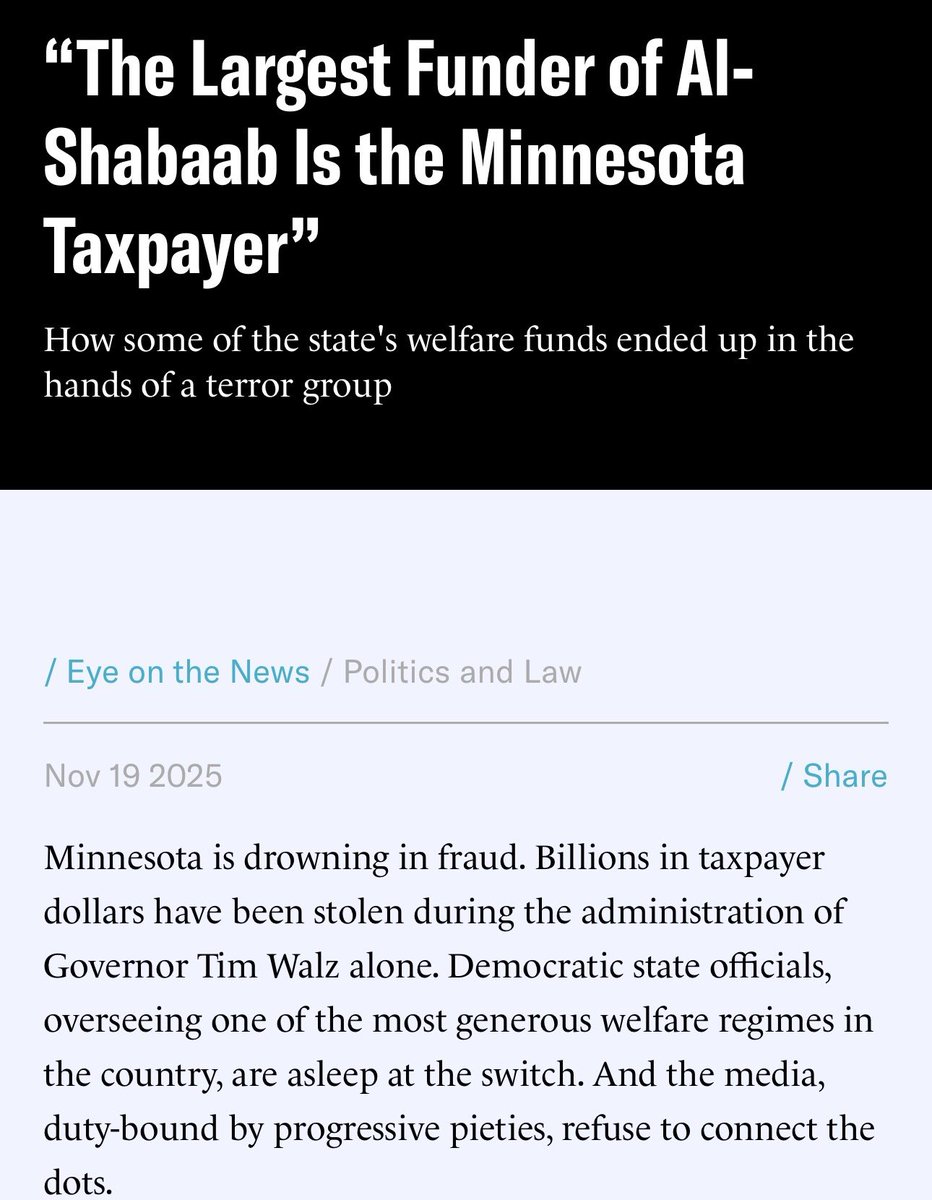 zarathustra5150's tweet image. Incredible story. 

Somalians are defrauding Minnesota taxpayers to such an extent that “the largest funder of Al Shabaab is the Minnesota taxpayer”. 

Al Shabaab is the largest Islamist terrorist group in Somalia.