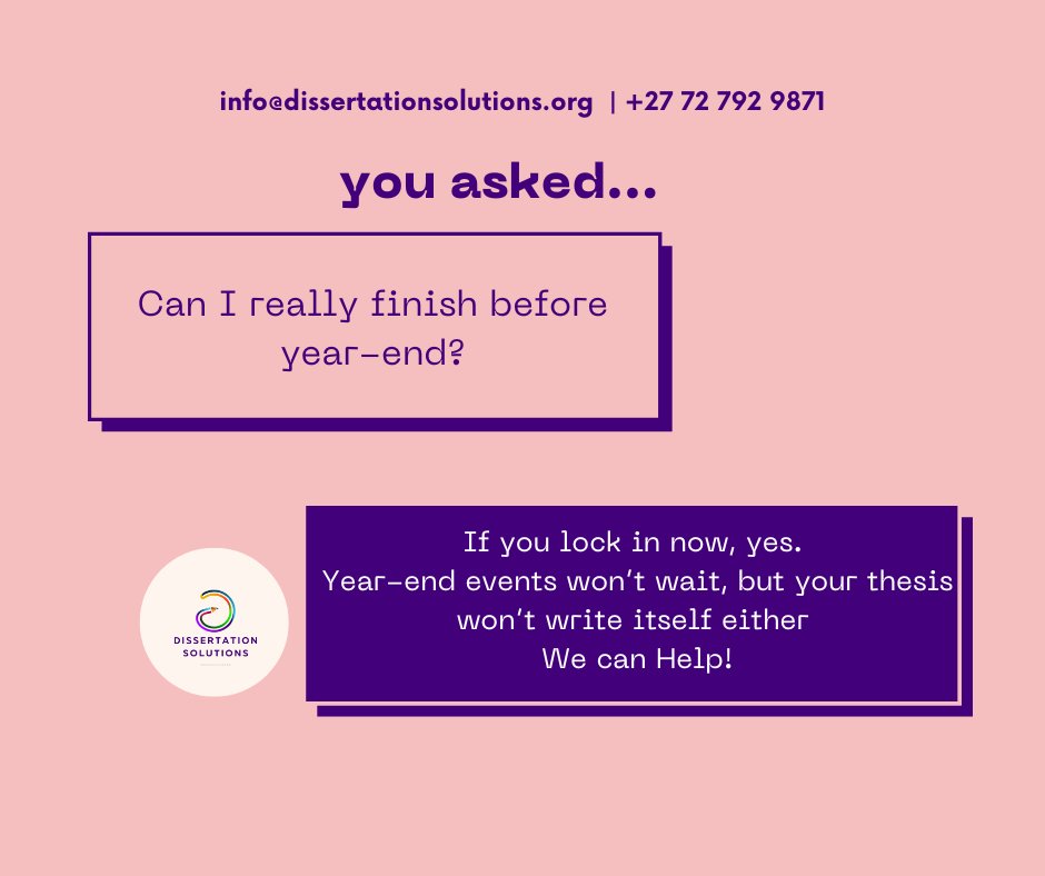 dissertation_za's tweet image. Yes, you can finish before year-end, let us provide the structure that ensures your thesis gets written! 

Reach out for immediate guidance.
info@dissertationsolutions.org | +27 72 792 9871

#ThesisHelp #AcademicWriting #GoalSetting #PostgradLife