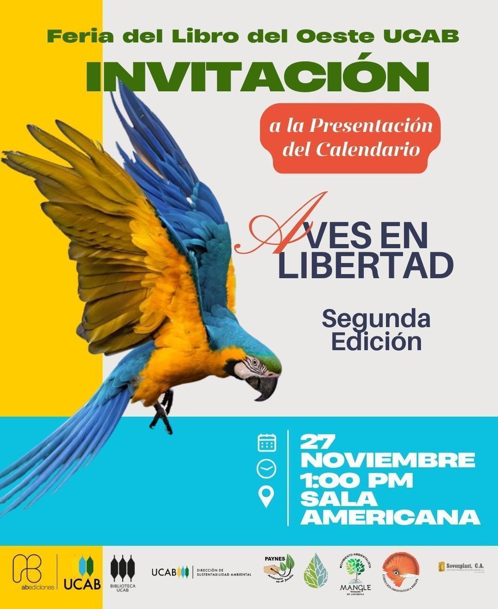 Por segundo año consecutivo, <a href="/UCABSustentable/">Sustentabilidad Ambiental 🌱 UCAB</a> brinda su apoyo a la edición y difusión del calendario "Aves en Libertad". Los invitamos muy cordialmente a la presentación de este proyecto: 

📍 Centro Cultural, Sala Americana
📆 27 de noviembre 
⏲️ A la 1:00 P.M.
