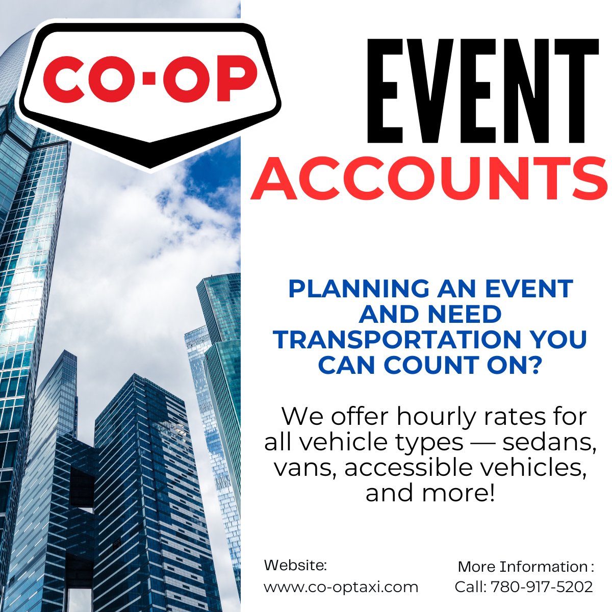 🎊 Hosting an event?
🚗 Need transportation for guests, staff, or VIPs?
Co-op Taxi provides flexible hourly rates for all vehicle types!

Let us be your event transportation providers.
Call 780-917-5202 to get set up with our Account Department today!
#EdmontonEvents #YEGLocal