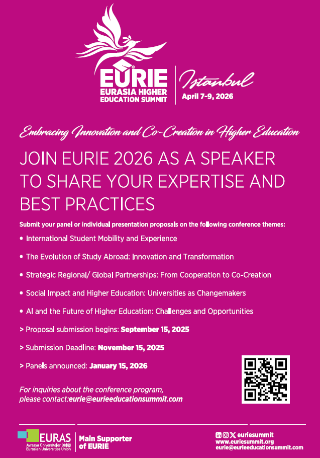 La XI Cumbre de Educación Superior EURIE se llevará a cabo en Estambul, Türkiye.
​📅 Fechas: 7-9 de abril de 2026
​📍 Lugar: Centro de Convenciones Lütfi Kırdar, Estambul
