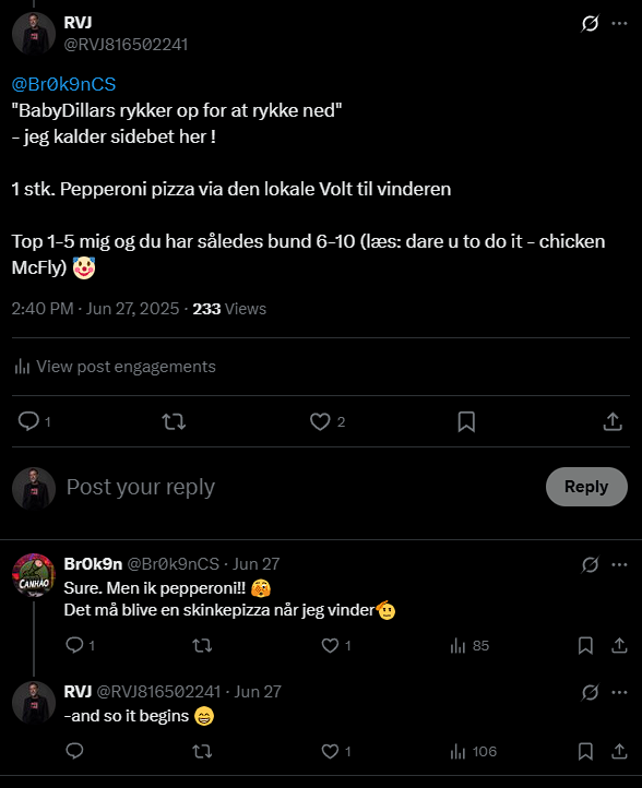 BabyDillars "PizzaSeason" comes to an end!

2. division venter og strategien skal noget tidligere end forventet revurderes :-) 

Tak til drengene - fantastisk spillet. 

Jeg er super stolt af jer !

Ohhhh ja - så var der lige noget med en podcast prediction <a href="/Br0k9nCS/">Br0k9n</a> (DM me)