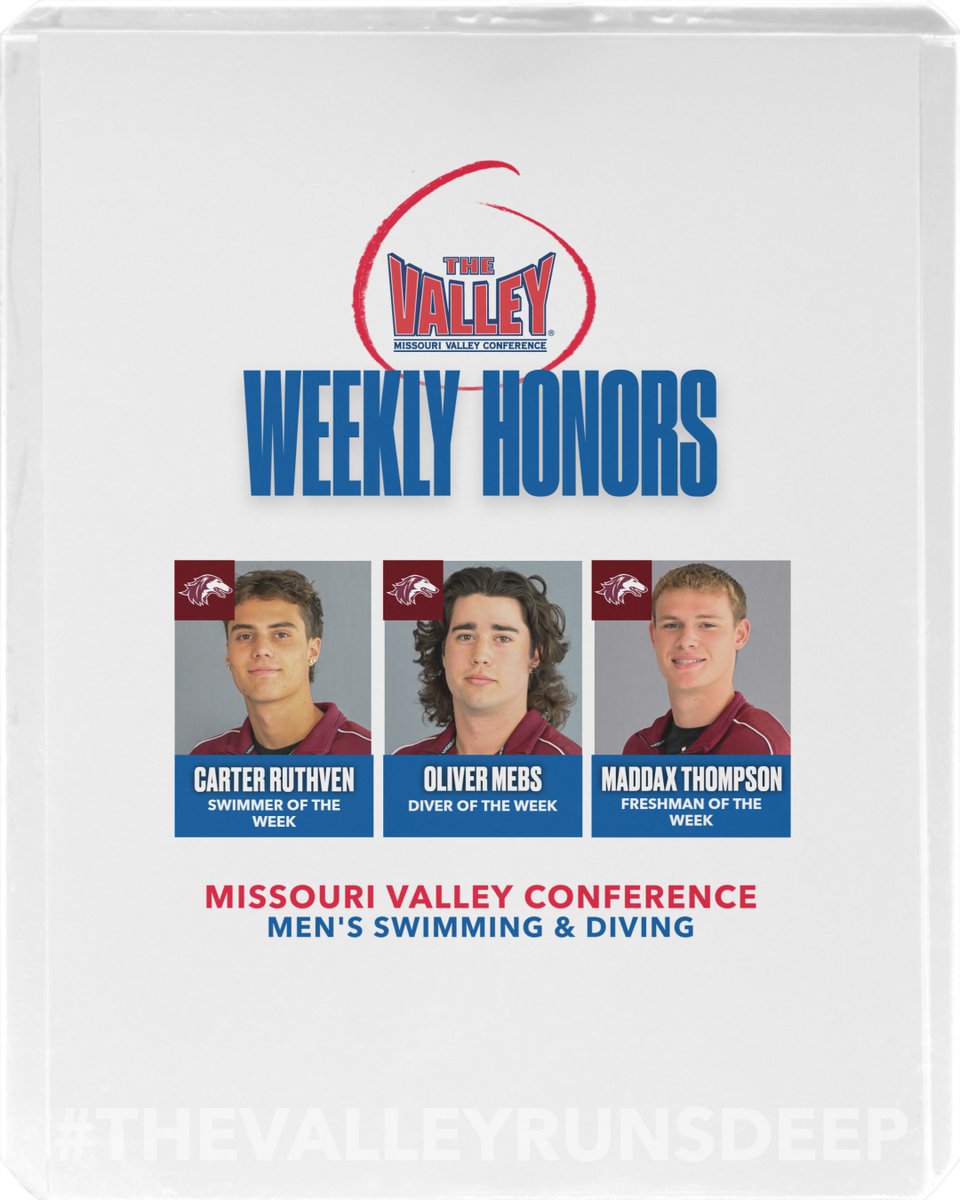 MVCsports's tweet image. Men&apos;s Swimming &amp;amp; Diving Honors❗️

🏆 Carter Ruthven @SIU_SwimDive
🏆 Oliver Mebs @SIU_SwimDive 
🏆 Maddax Thompson @SIU_SwimDive

Read More: bit.ly/48aBvbv

#TheValleyRunsDeep