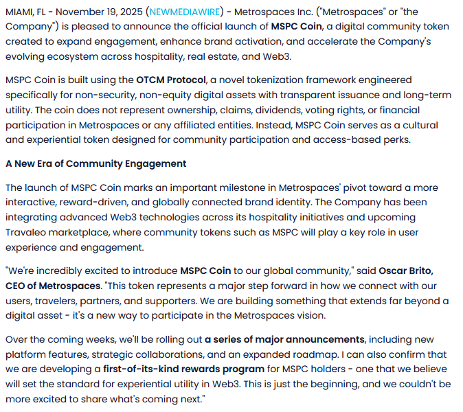 nugtbob11's tweet image. $MSPC Metrospaces Inc. Announces Launch of &quot;MSPC Coin,&quot; a Community-Driven Digital Token Powered by the OTCM Protocol

newmediawire.com/news/metrospac…