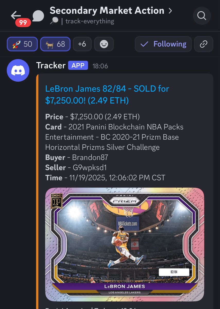 PaniniNFTs's tweet image. 💥🔥💎🚀

LeBron James Tribute Prizm Silver /84 - one of the most bulletproof cards on the platform - sells for $7,250 to Brandon. 

At the same time the Tom Brady Pats Kaboom /99 sells for $4,100 to Jascar. 

#BlockByBlock #PaniniBlockchain