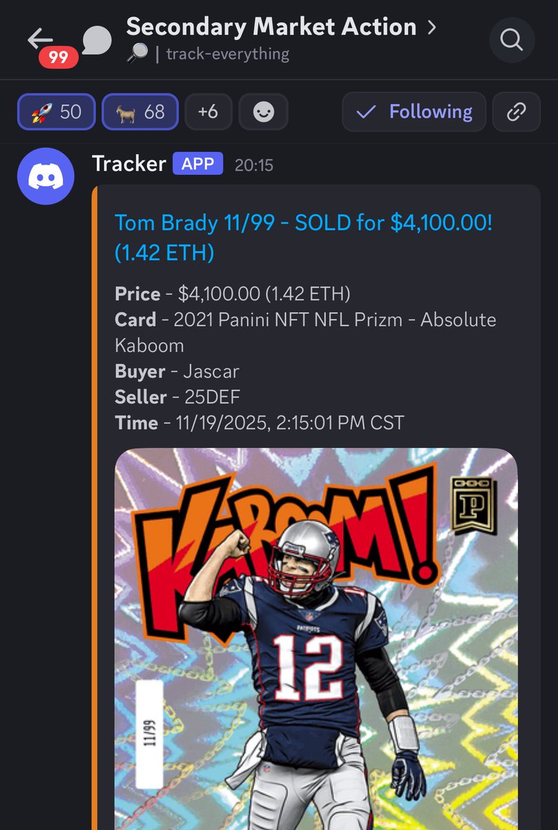 PaniniNFTs's tweet image. 💥🔥💎🚀

LeBron James Tribute Prizm Silver /84 - one of the most bulletproof cards on the platform - sells for $7,250 to Brandon. 

At the same time the Tom Brady Pats Kaboom /99 sells for $4,100 to Jascar. 

#BlockByBlock #PaniniBlockchain