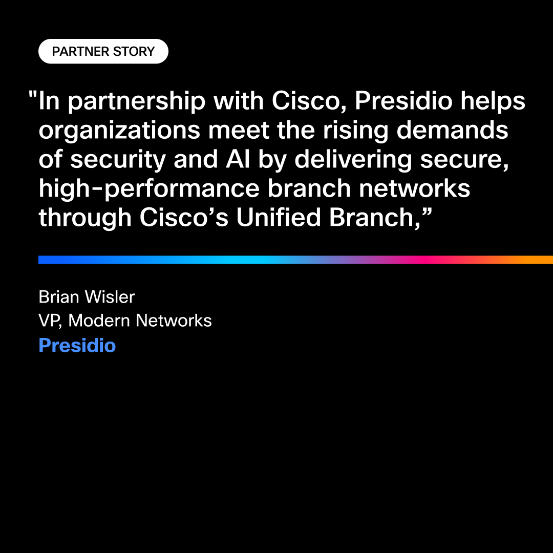 CiscoNetworking's tweet image. From hours ⏱️ to minutes ⚡ 
 
Partners like @Presidio are setting up new branches faster than ever with Cisco Unified Branch — built for speed, simplicity, and security. 

Read more: cs.co/6010799C6