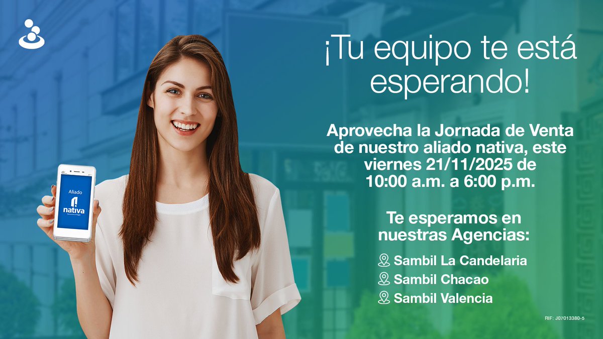 Banesco's tweet image. ¡Adquiere tu #PuntoDeVenta al mejor precio y con entrega inmediata!📱

Ven este viernes #21Nov a las Jornadas de Venta del aliado @nativapagos en nuestras agencias Sambil Chacao, Sambil La Candelaria y Sambil Valencia.

📍Te esperamos de 10:00 a.m. a 6:00 p.m.

⁣#BanescoContigo