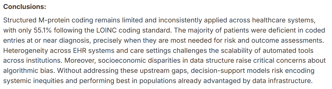 Unstructured serum electrophoresis data limits real world AI models in multiple myeloma: Evaluation of 384 institutions across United States [Nov 3, 2025] <a href="/MalekEhsanMD/">Ehsan Malek</a> et al. #ASH25 abs25-11278 PID 2809
meetings-api.hematology.org/api/abstract/v… #mmsm #cancerdisparities #hpeonc