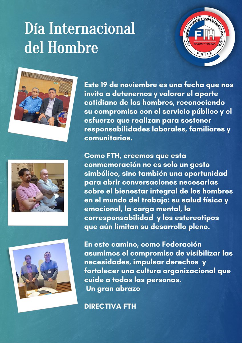 FTH_Chile's tweet image. FTH conmemora el Día Internacional del Hombre

En el marco del Día Internacional del Hombre, que se celebra este 19 de noviembre, la FTH reconoce el aporte cotidiano de los hombres al servicio público y a sus familias.

👉 Visita fth.cl