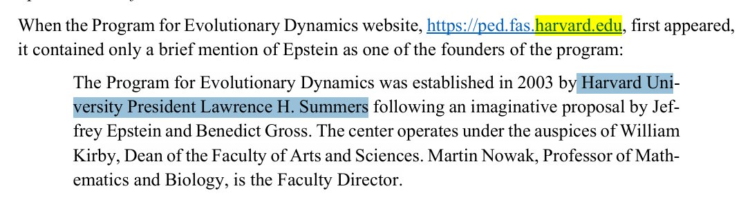 emilyakopp's tweet image. Larry Summers facilitated Epstein&apos;s introduction to Harvard (and $35 million in funding) for the Program for Evolutionary Dynamics, which hosted an office for Epstein steps away from Harvard Square. And yet Summers is mentioned only once in Harvard&apos;s Epstein report.