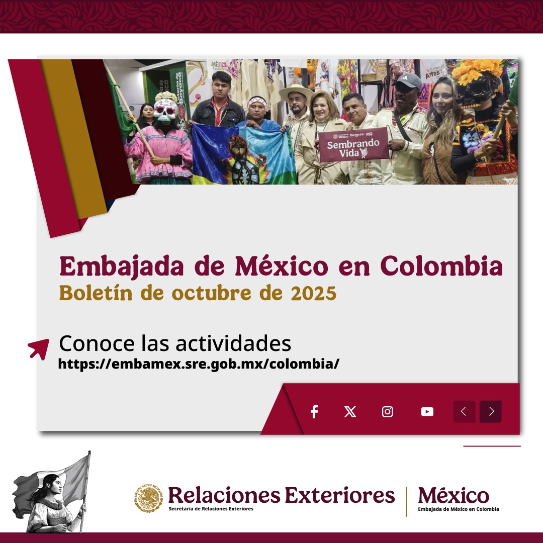 El resumen de octubre ya está aquí. 📬

En nuestro #BoletínMensual te contamos todas las actividades bilaterales, económicas y culturales más destacadas entre México🇲🇽 y Colombia🇨🇴. 

¡No te lo pierdas! 📖 bit.ly/4i6QYxL

#DiplomaciaPúblicaMx | #DiplomaciaCulturalMx